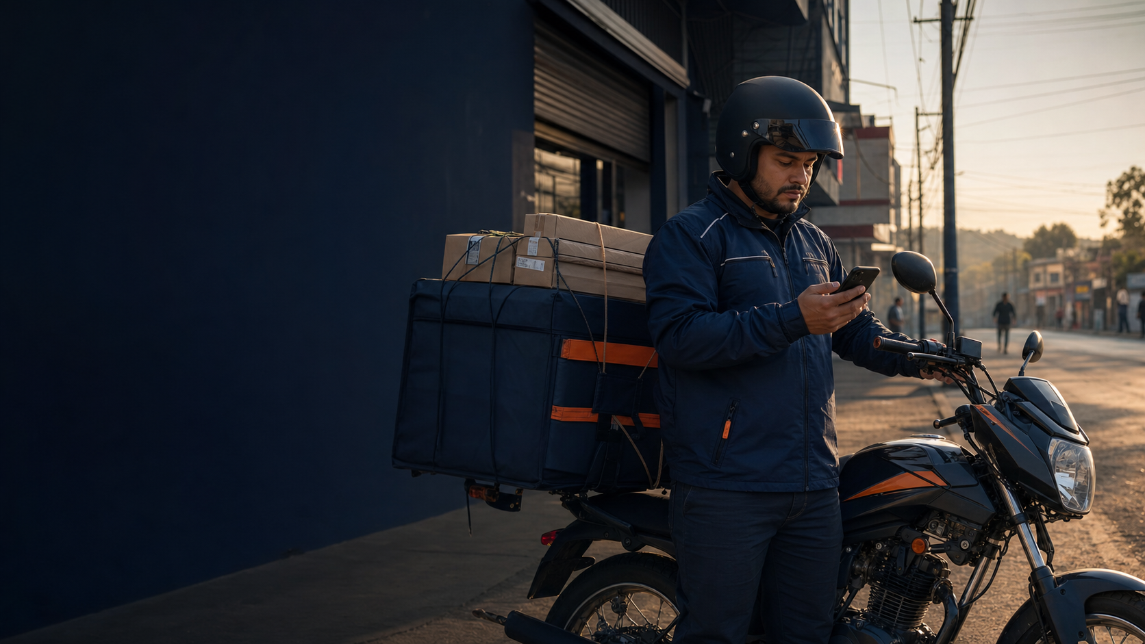 Aliado de entrega preparando su ruta junto a su motocicleta